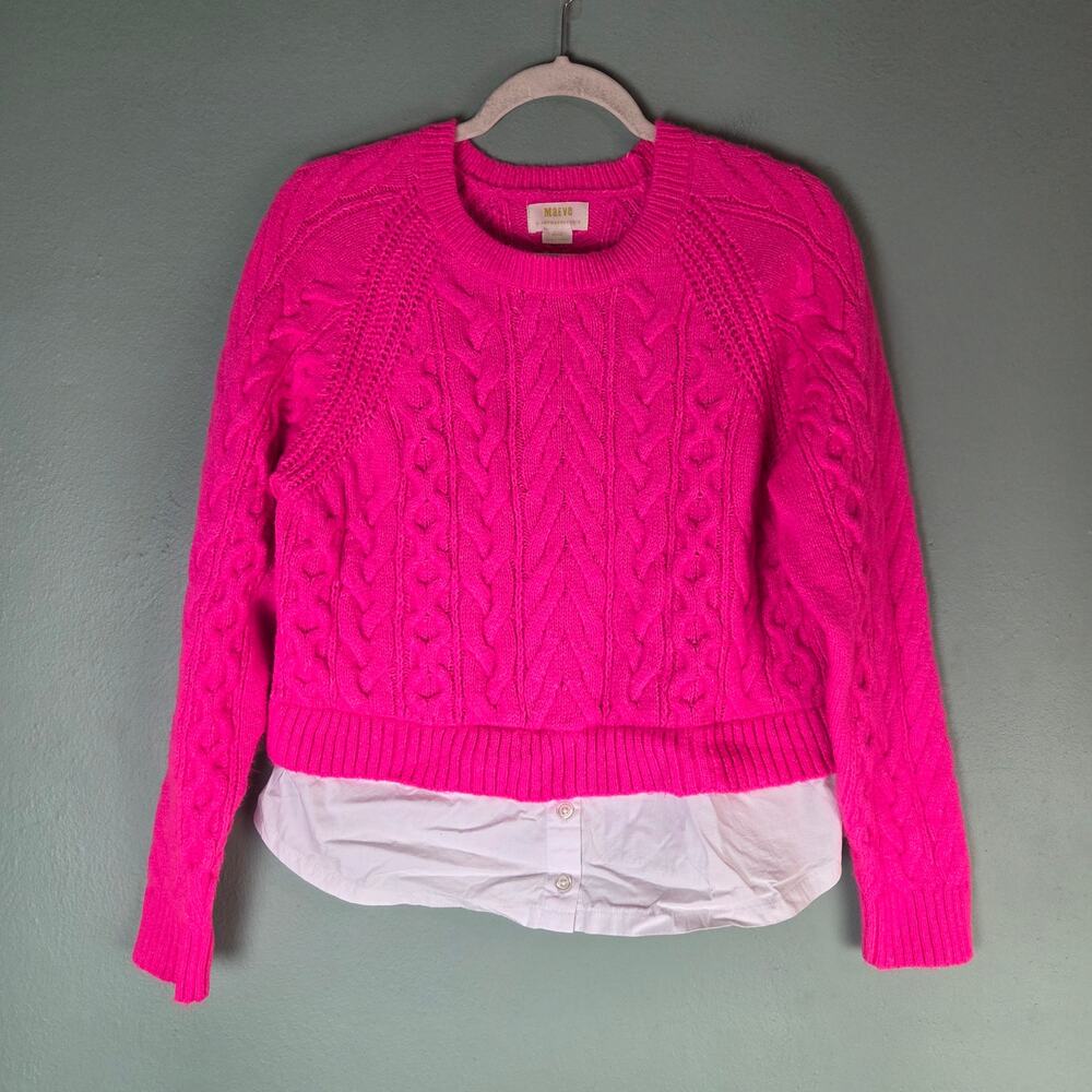 Anthropologie Maeve Womens Medium Hot Pink Cable Knit Layered Pullover Sweater
